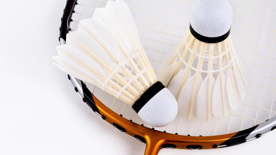 Zwei Federbälle liegen auf einem Badmintonschläger mit einem orangefarbenen Rahmen und schwarz-weißen Details.