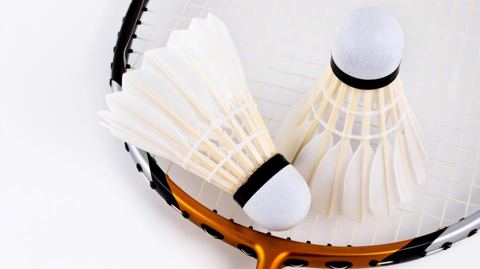 Zwei Federbälle liegen auf einem Badmintonschläger mit einem orangefarbenen Rahmen und schwarz-weißen Details.