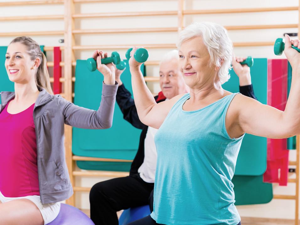 Drei Personen mit Hanteln sitzen auf großen Gymnastikbällen und trainieren in einem Fitnessraum.