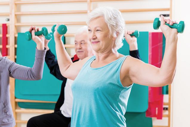 Drei Personen mit Hanteln sitzen auf großen Gymnastikbällen und trainieren in einem Fitnessraum.