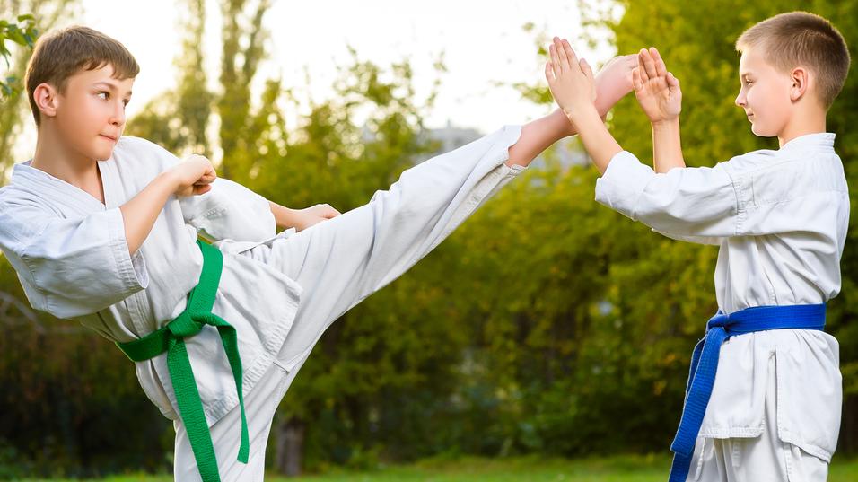 Zwei Kinder in Karate-Gewandung üben im Freien einen Kick und eine Abwehrbewegung vor grüner Vegetation.